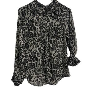 GUESS Sheer leopard Mesh Button Sz M Roll‎ Sleeves Trendy Edgy Y2K Date Night